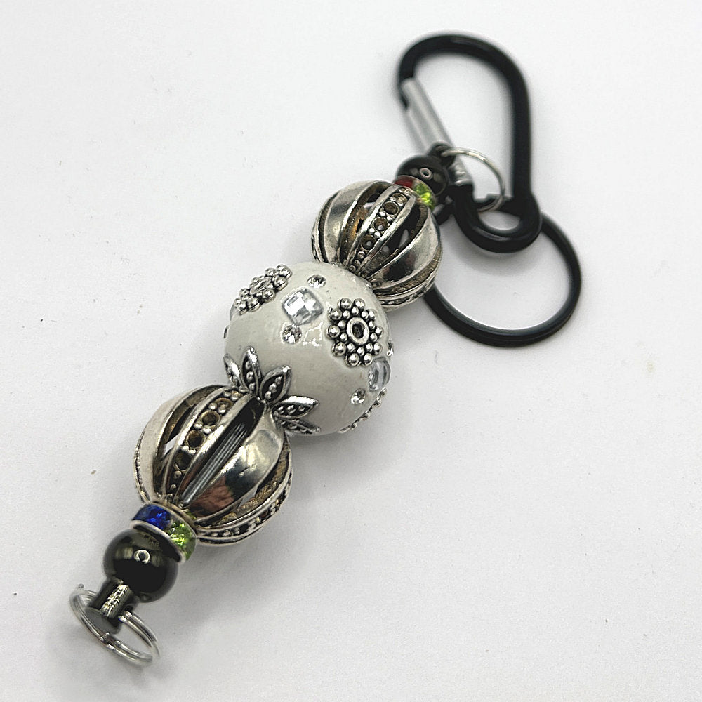 Keyring with Large White Center Bead and Black Hardware
