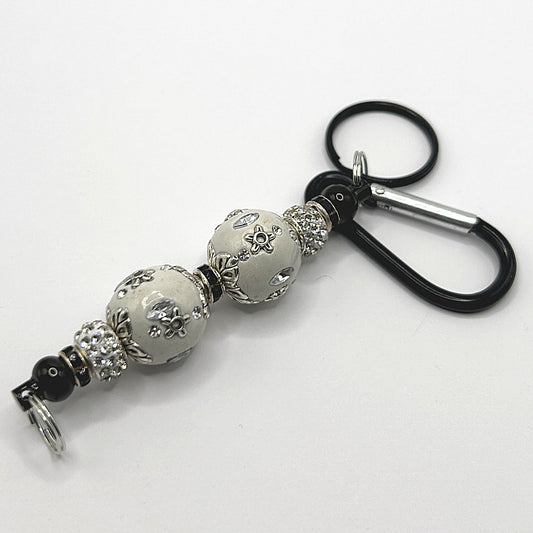 Keyring with Double Large White Embellished Beads
