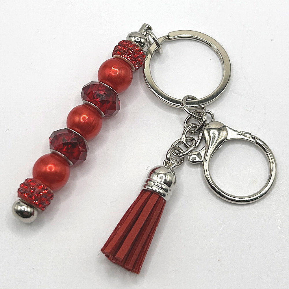 Keyring with Red Faux Pearls and Crystal Beads