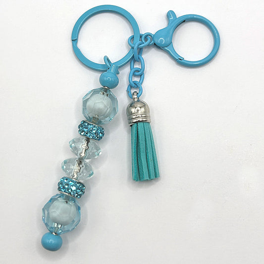 Keyring with Clear Blue and White Beads and Tassel