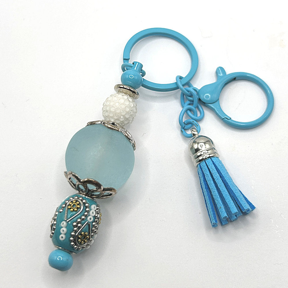 Keyring with Large Matte Blue Bead and Fancy Accents