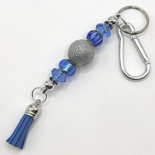 Keyring with Silver Glitter and Blue Beads