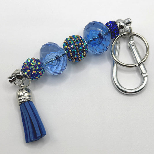 Keyring with Blue Rhinestones and Large Royal Blue Clear Beads