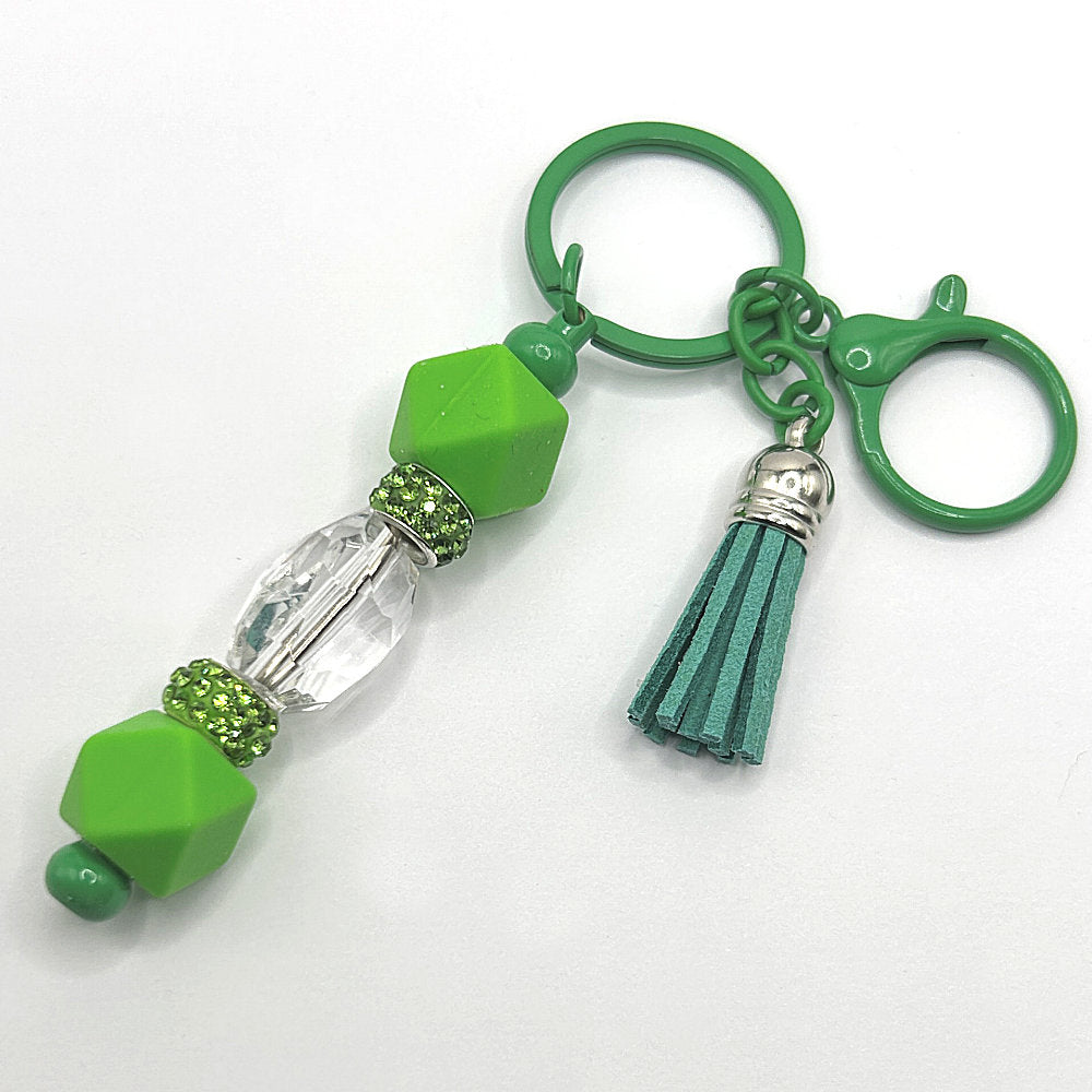 Keyring with Clear Center Bead and Green Silicone Accents