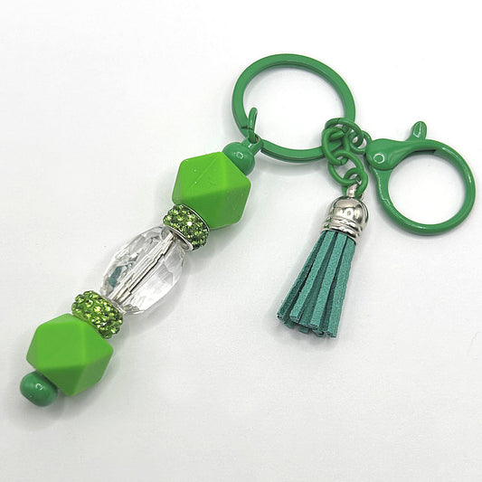 Keyring with Clear Center Bead and Green Silicone Accents