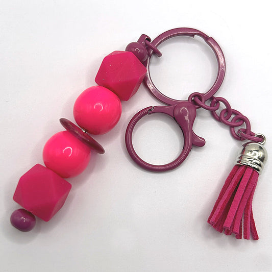 Keyring with Pink Geometric Silicone Beads and Plastic Balls