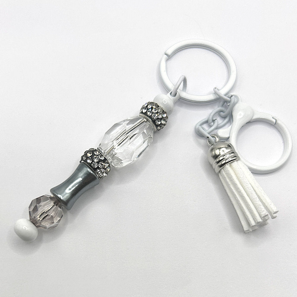 Keyring with Clear Bead, Gunmetal Colored Accents, and Rhinestones