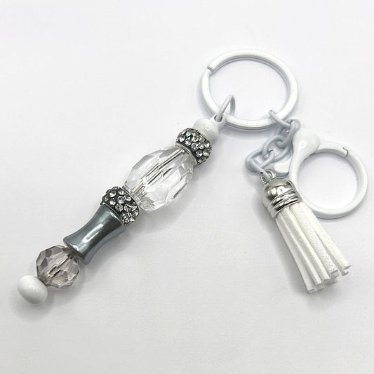 Keyring with Clear Bead, Gunmetal Colored Accents, and Rhinestones