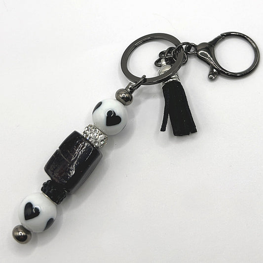 Keyring with Chunky Black Bead and White-Black Heart Accents