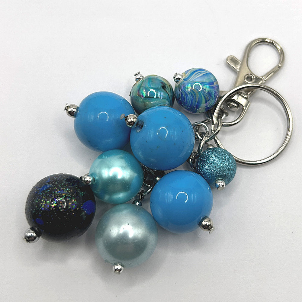 Keyring with Dangling Mixed Blue Beads