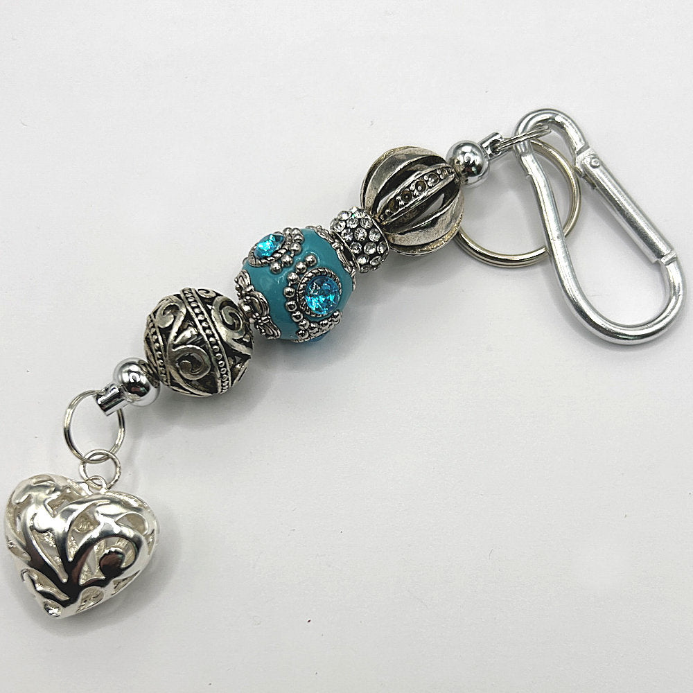 Keyring with Blue and Silver Beads and Heart Dangle