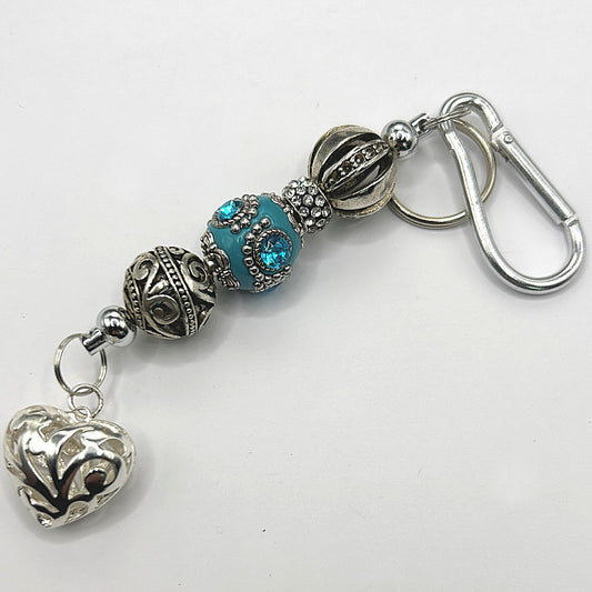 Keyring with Blue and Silver Beads and Heart Dangle