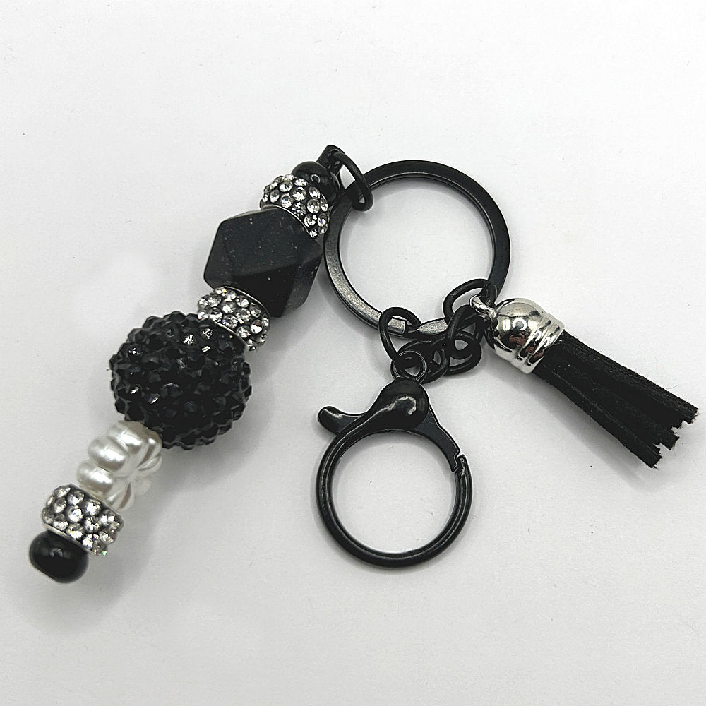 Keyring with Black Beads and Rhinestones