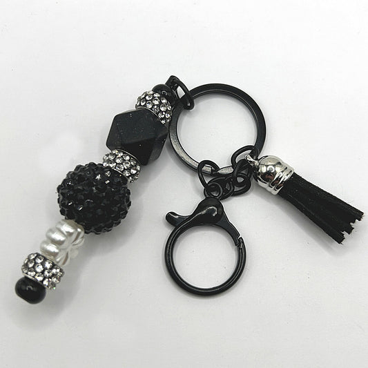 Keyring with Black Beads and Rhinestones