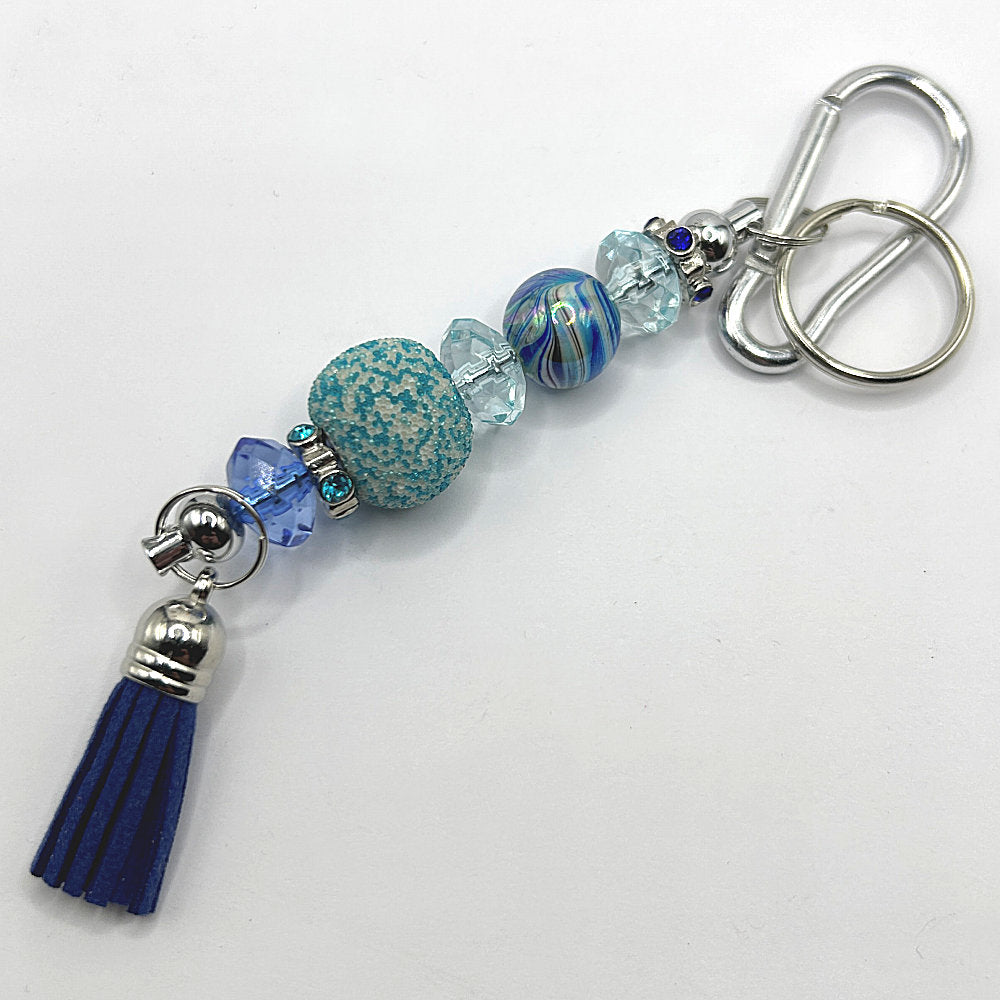 Keyring with Mixed Blue Small and Large Beads