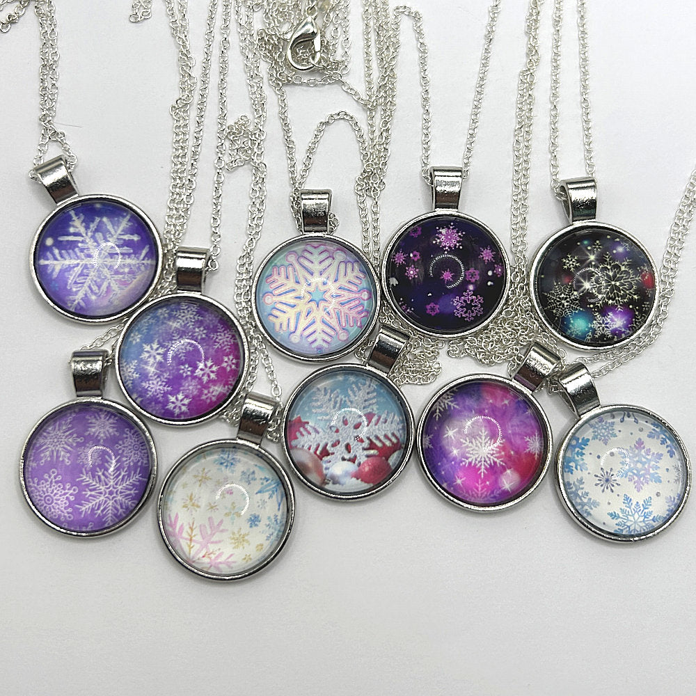 Glass Cabochon Pendant Necklace - Snowflakes