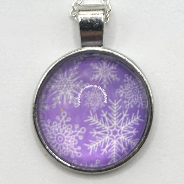 Glass Cabochon Pendant Necklace - Snowflakes