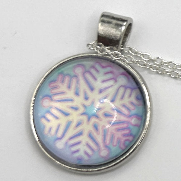Glass Cabochon Pendant Necklace - Snowflakes