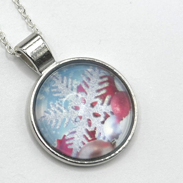Glass Cabochon Pendant Necklace - Snowflakes