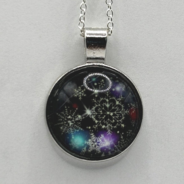 Glass Cabochon Pendant Necklace - Snowflakes