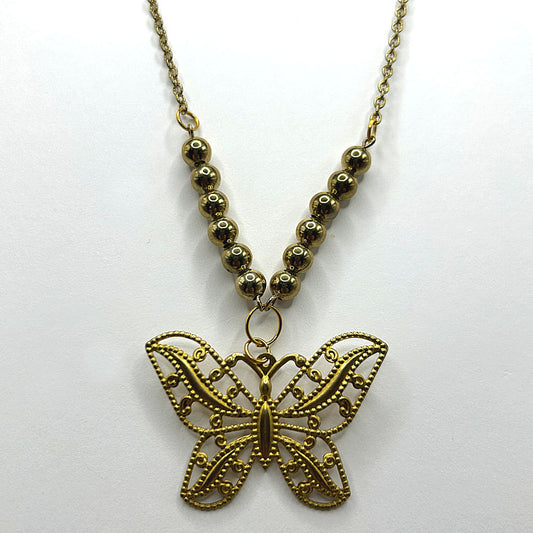 Brassy Gold Butterfly Necklace with Beaded Accents