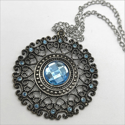 Large Filigree Pendant with Light Blue Rhinestone Center