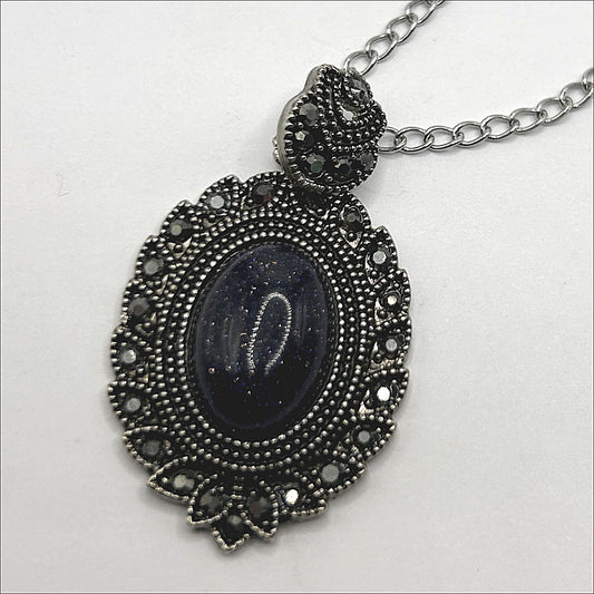 Ornate Manmade Blue Goldstone Pendant Necklace