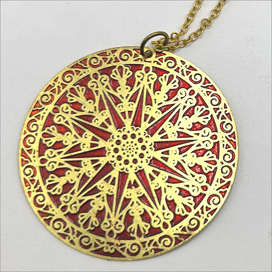 Red and Gold Fancy Flat Pendant Necklace