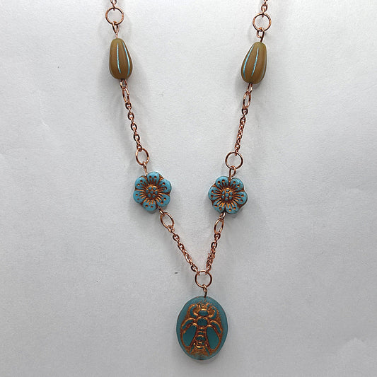 Blue Czech Glass Bee Necklace