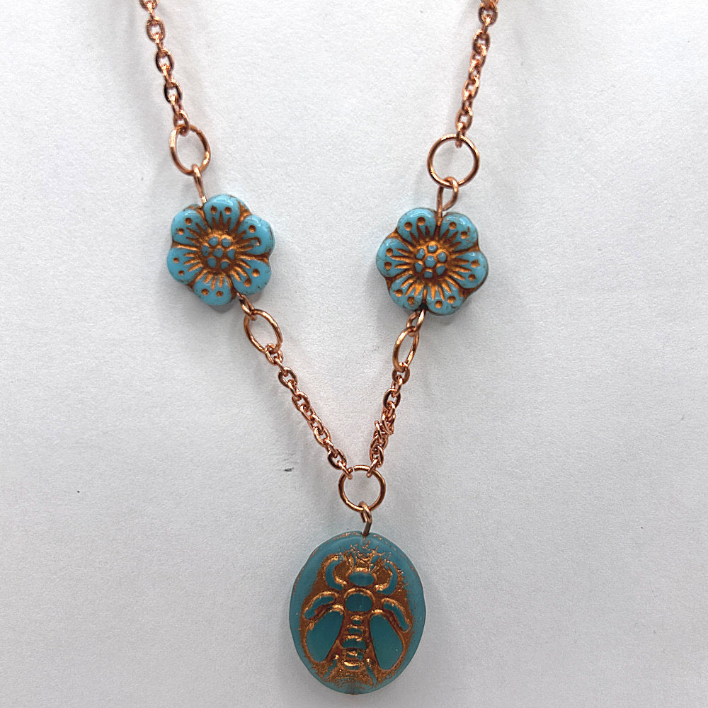 Blue Czech Glass Bee Necklace
