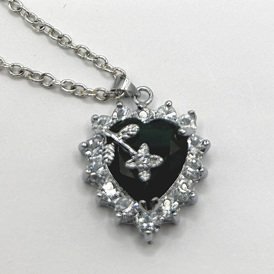 Green and Rhinestone Heart Pendant with Floral Accent