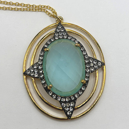 Faceted Blue Pendant with Oval Rings and Rhinestones