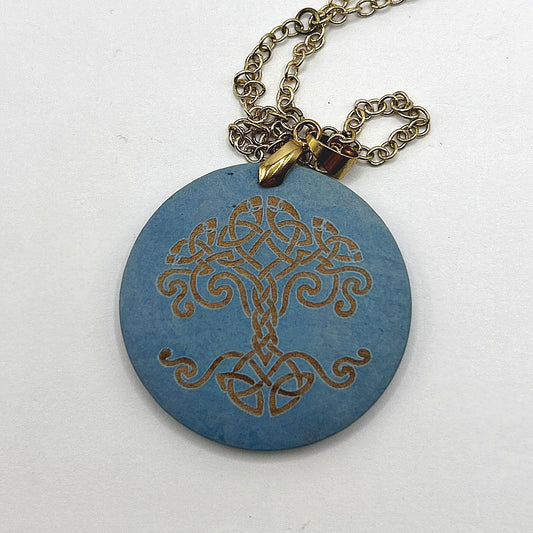 Blue Wood Disc Pendant with Etched Tree of Life