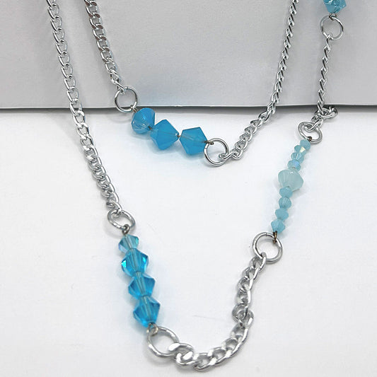 Long Double Chain Necklace with Blue Sections