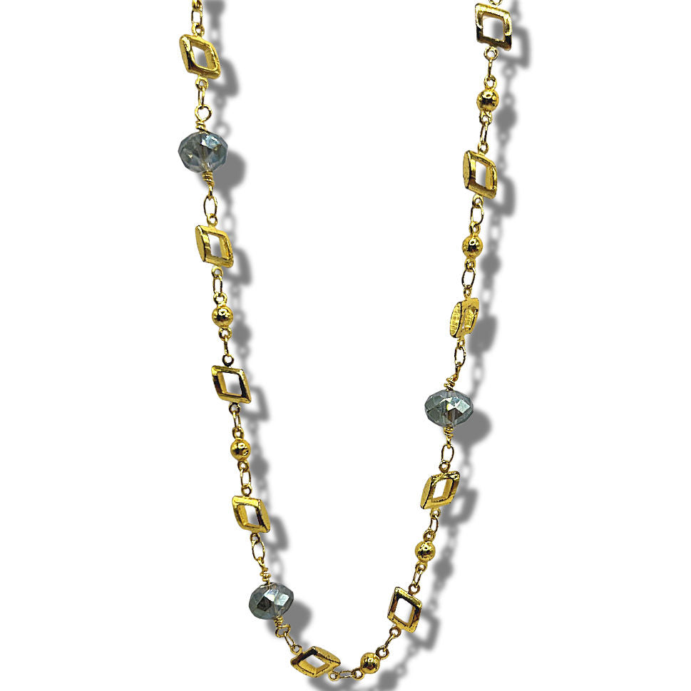 Golden Geometric Necklace with Smoky Blue-Gray Accents