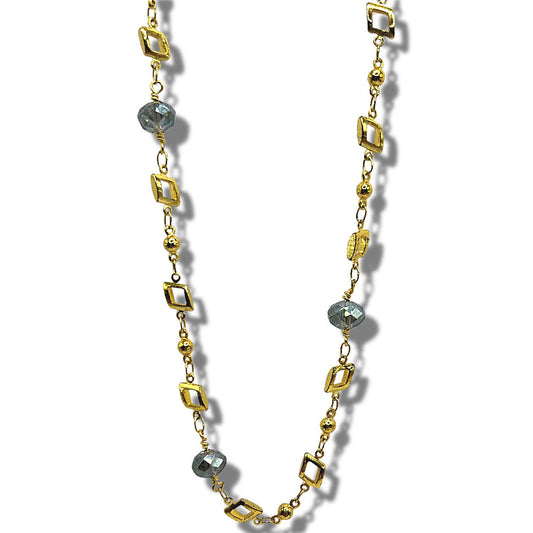 Golden Geometric Necklace with Smoky Blue-Gray Accents