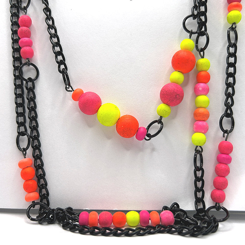 Triple Black Chain Necklace with Neon Beads