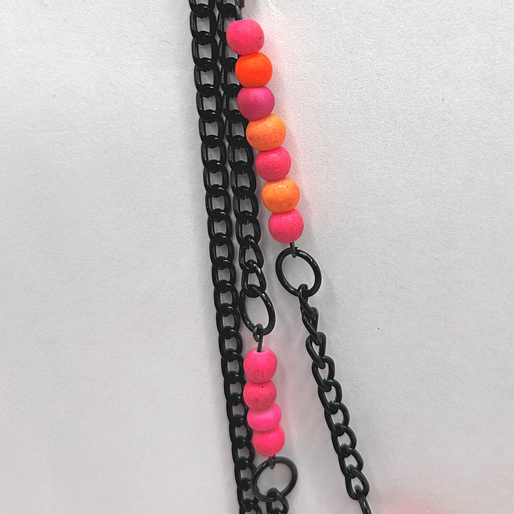 Triple Black Chain Necklace with Neon Beads
