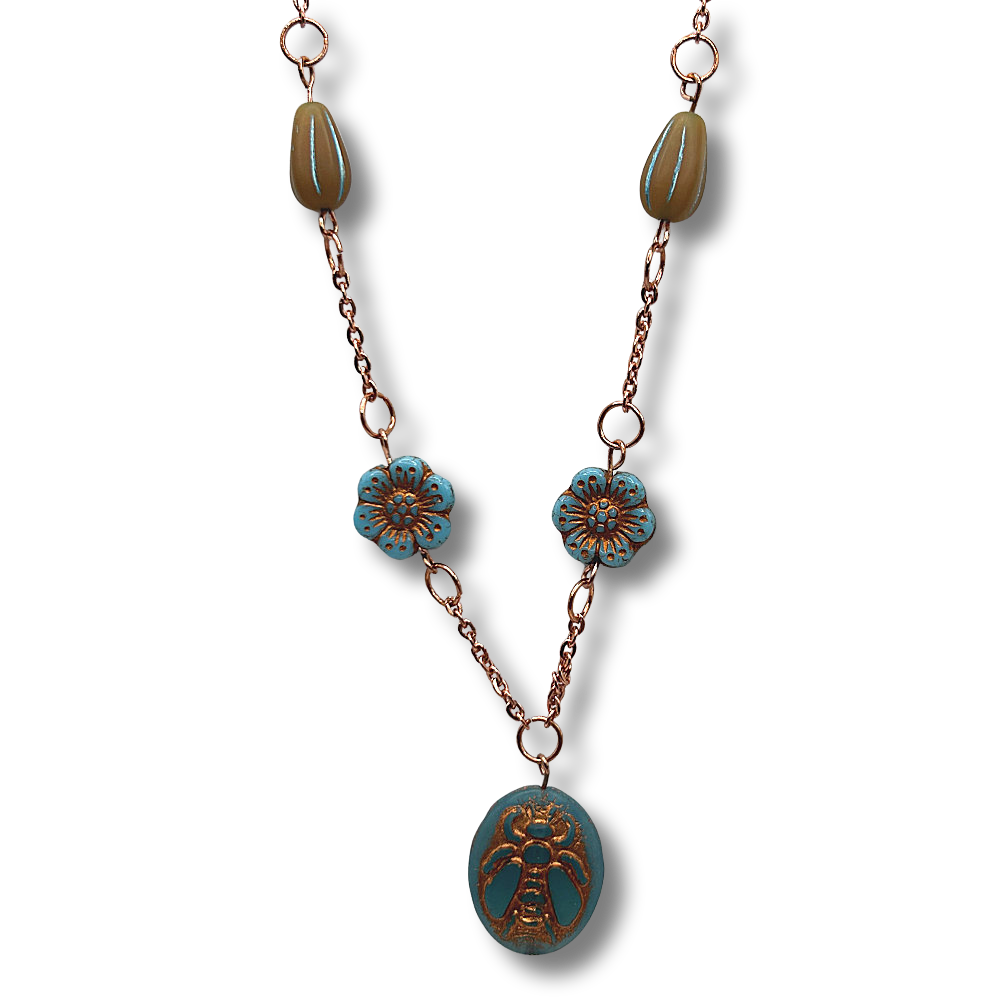 Blue Czech Glass Bee Necklace