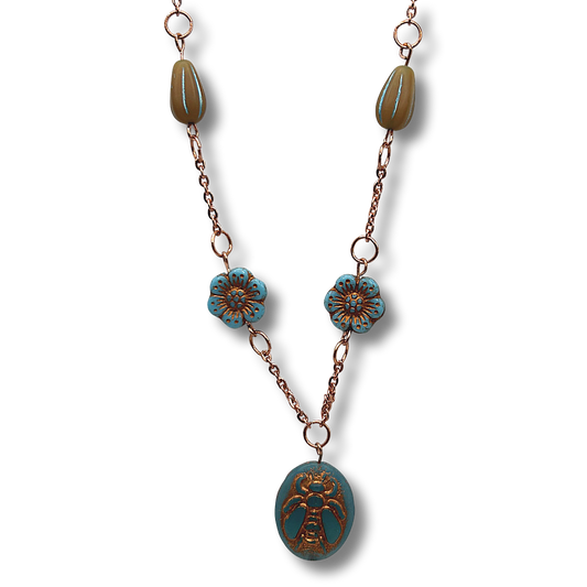 Blue Czech Glass Bee Necklace